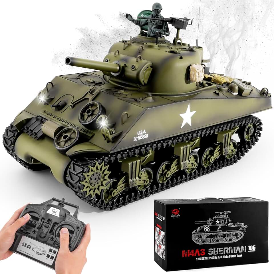 RC Tank Henglong US M4A3 Sherman Medium Tank, 1/16 Remote Control Main Battle Tank 2.4ghz Vehicles Model with Sound & Light for Ages 14+