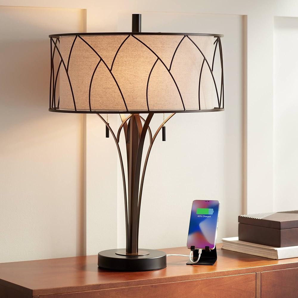 Franklin Iron Works Sydney Mid Century Modern Industrial Table Lamp with USB Charging Port 26