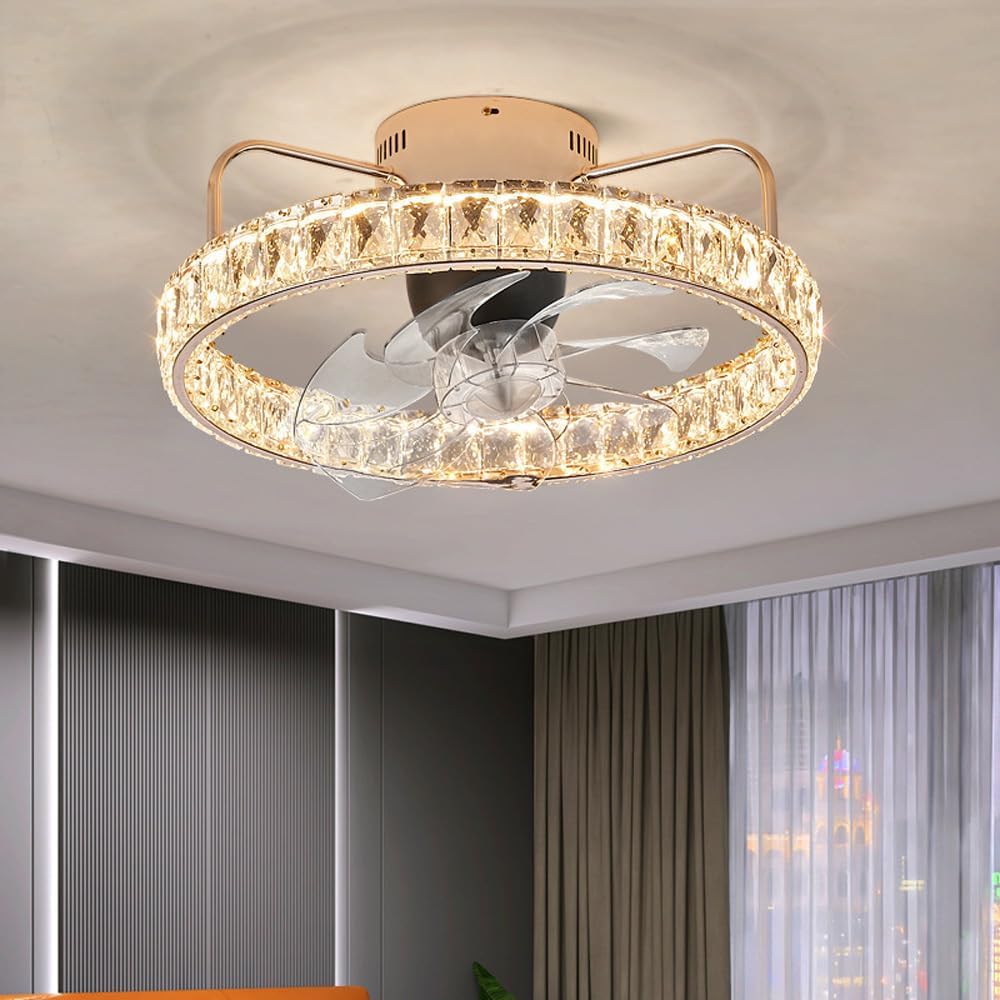 Gold Crystal Caged Ceiling Fan with Light Remote Control Dimmable LED Ceiling Fan Light Large Modern Low Profile Ceiling Light Fan for Bedroom Living Room Kitchen Bathroom, Reversible Blades
