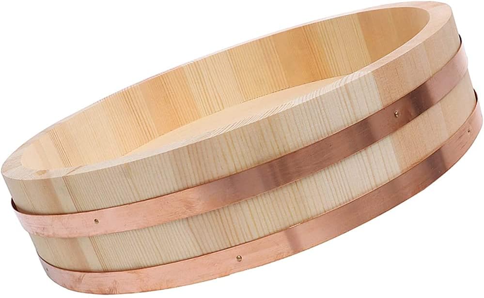 Japanese Sushi Rice Mixing Tub with Copper Banding, Wooden Rice Making Bowl Serving Pan Rice Bucket,Korean Sashimi Stirring Rice Bucket-33x7.5cm, Large, White