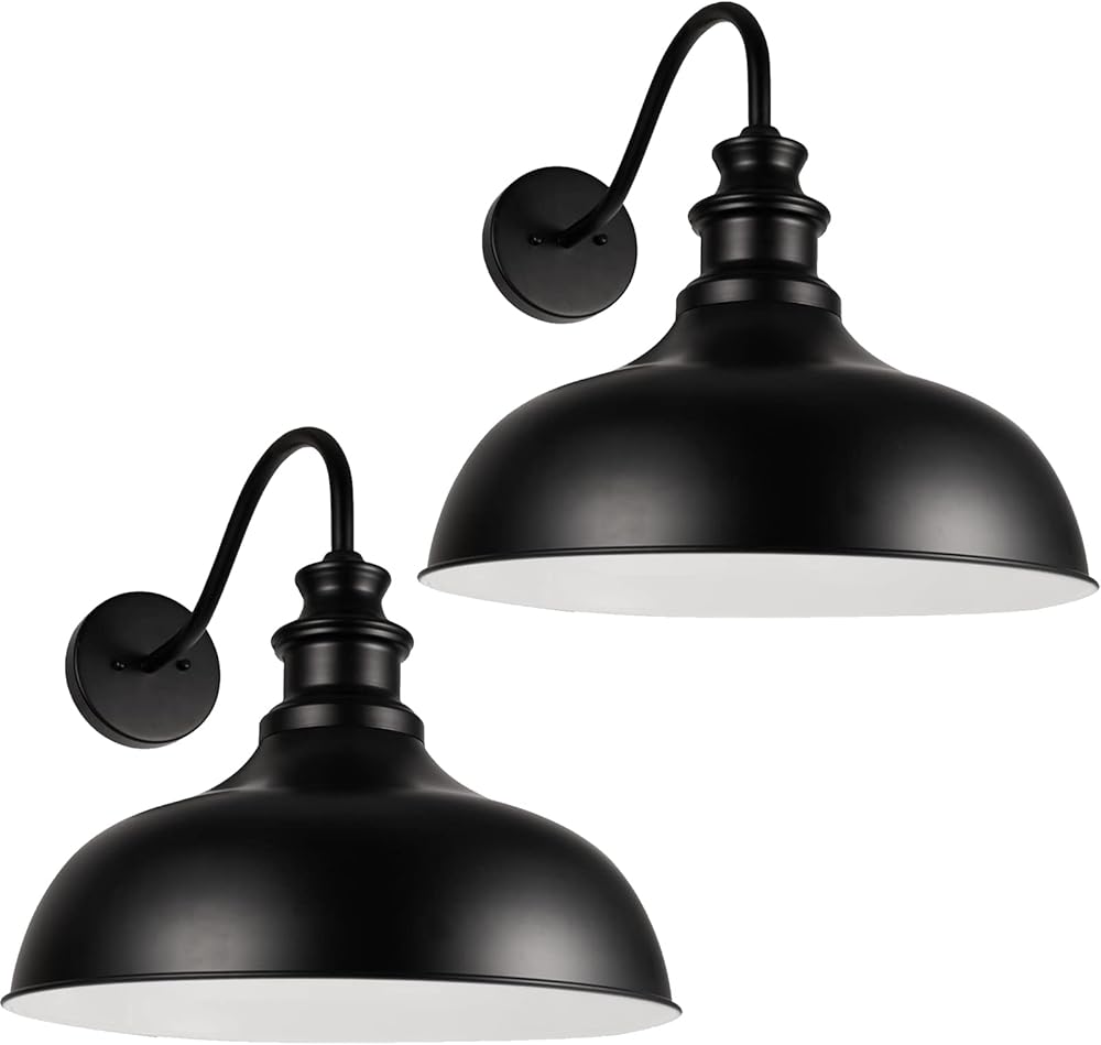 Gooseneck Barn Light Outdoor, 20 Inch Dome Exterior Light Fixture Outside for House, Farmhouse Outdoor Wall Mount Light in Black Finish for Porch, Entryway, Garage, Streetway, RZ015 BK-2PACK