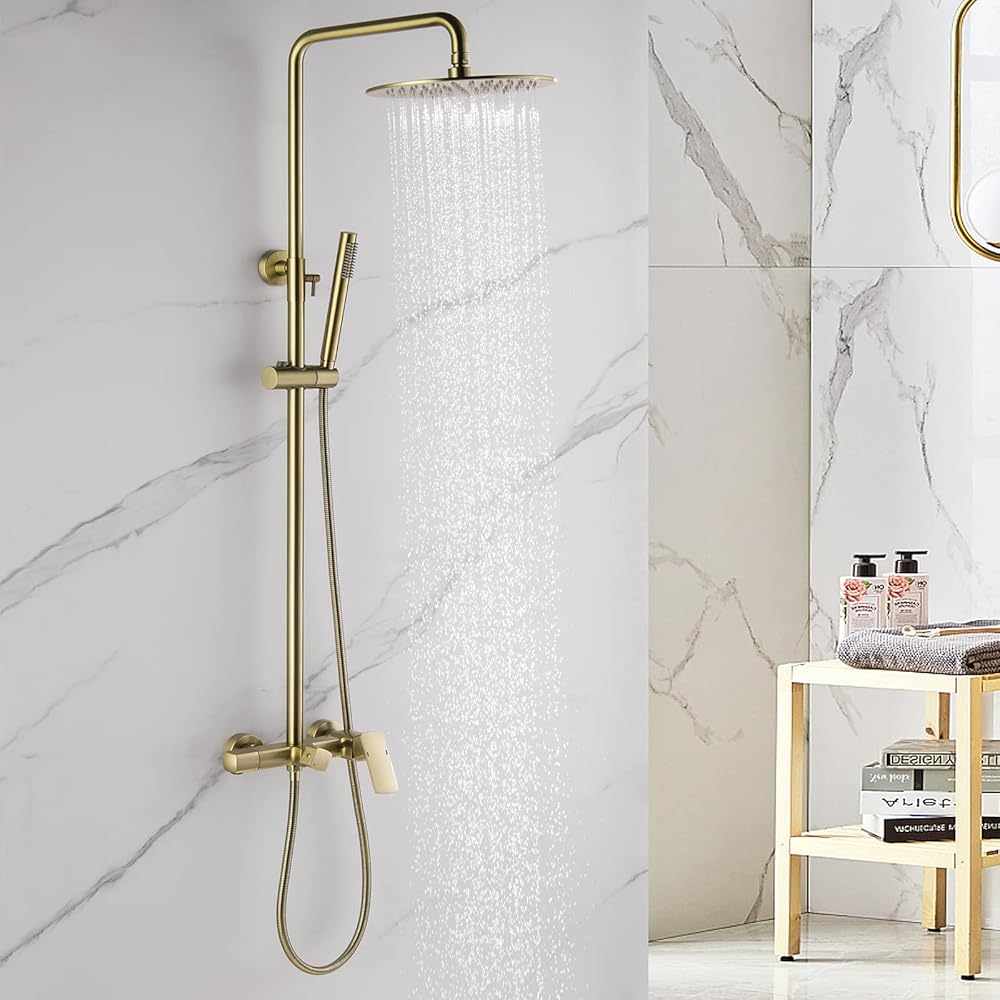 RBROHANT Brushed Gold Exposed Shower System with Tub Spout, 3-Functional Exposed Shower Fixtures with Brass Valve, Shower Height Adjustable, Wall Mounted, RB0880