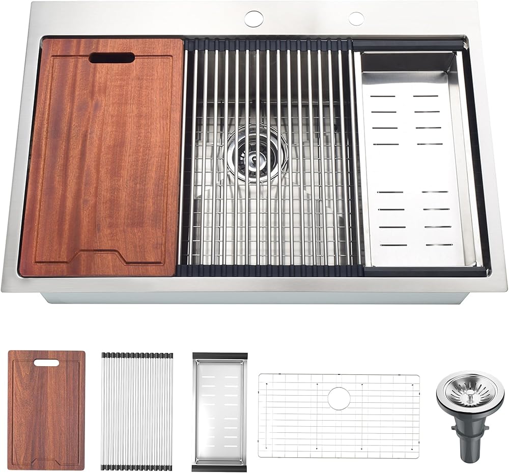 Drop in Kitchen Sink Nano, 33 X 22 Inch, 18 Gauge Gunmetal Matte Stainless Steel Sink, 10 Inch Depth Workstation Sink Single Bowl, T-304 Topmount Sink with Accessories