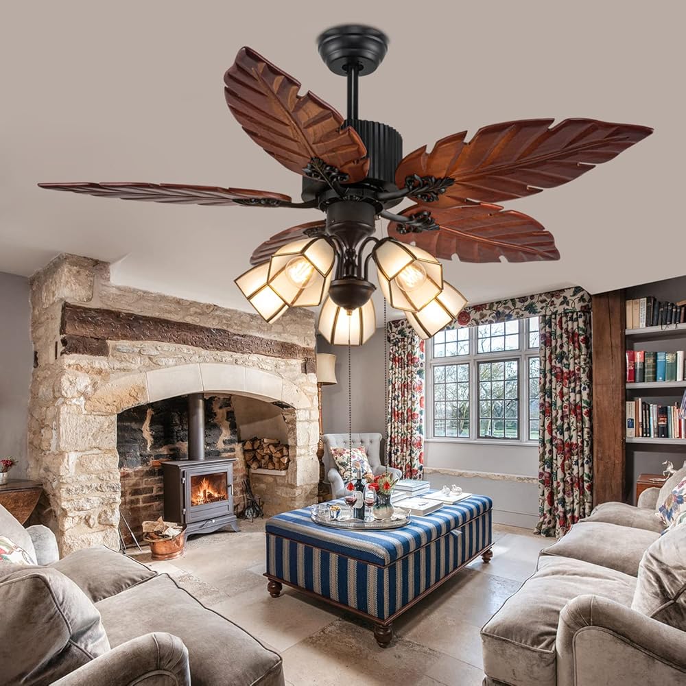 52'' Tropical Ceiling Fan with Remote Palm Wooden Leaf Ceiling Fan with 5 Glass Lampshade and Hand-Carved Reversible Blades for Indoor/Outdoor Living Room Bedroom Kitchen by Akronfire