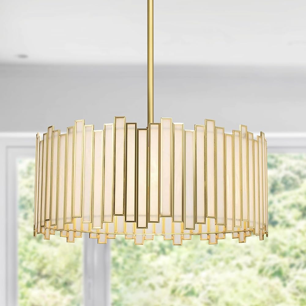 Gold Drum Chandelier 4-Light, Modern Drum Pendant Lighting Fixture with Tiffany Glass Shade, 16” Round Ceiling Hanging Light for Bedroom Dining Room Kitchen Entryway Living Room (gold)