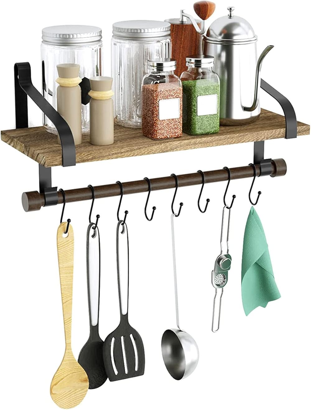 Kitchen Storage Rack with Hanging Rod Wall Mount Pot Pan Racks with 8 Hooks for Kitchen Living Room