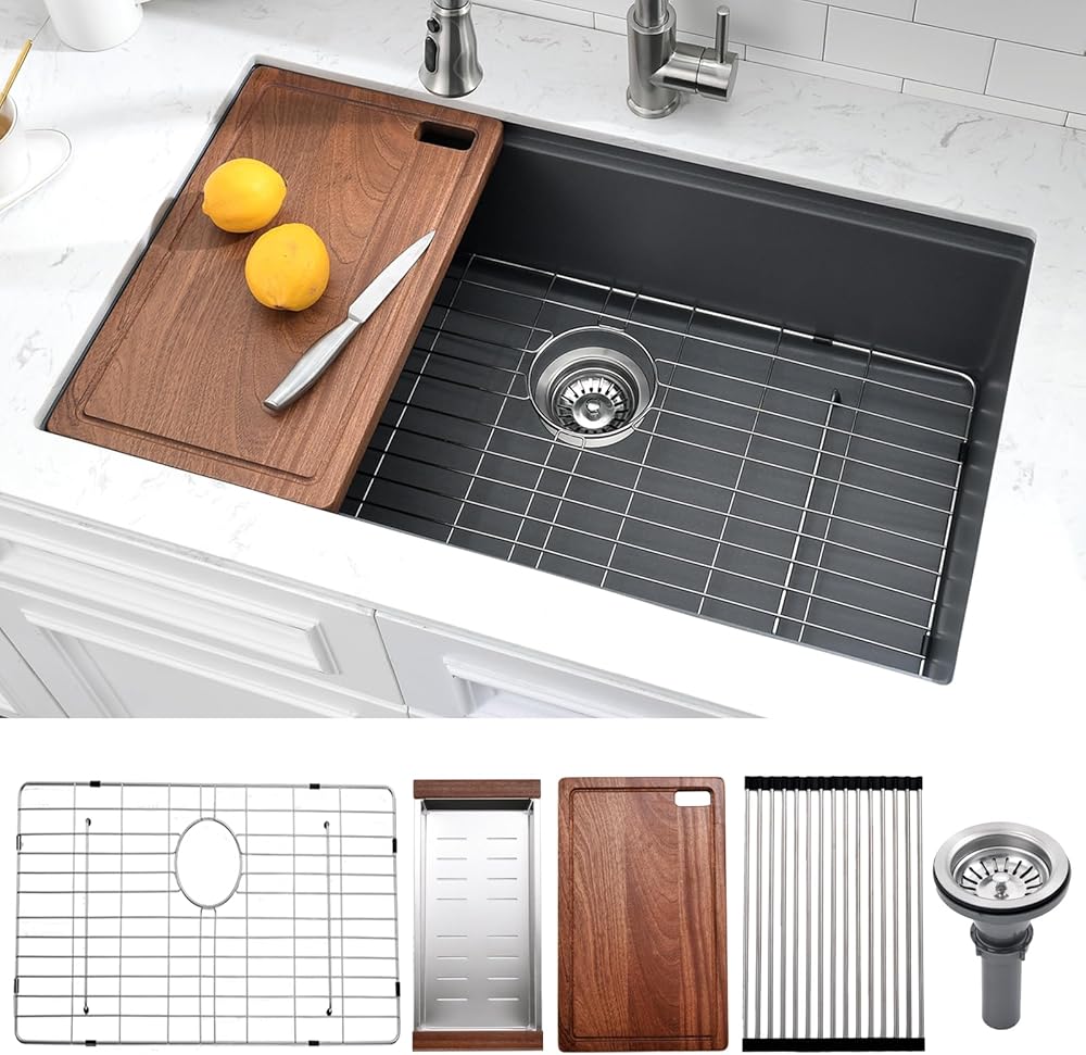 32 Inch Gray Undermount Kitchen Sink Workstation - XTDGXS 32×19 Undermount Workstation Kitchen Sink Gray Quartz Composite Kitchen Sink Deep Single Bowl Kitchen Sink With Accessories