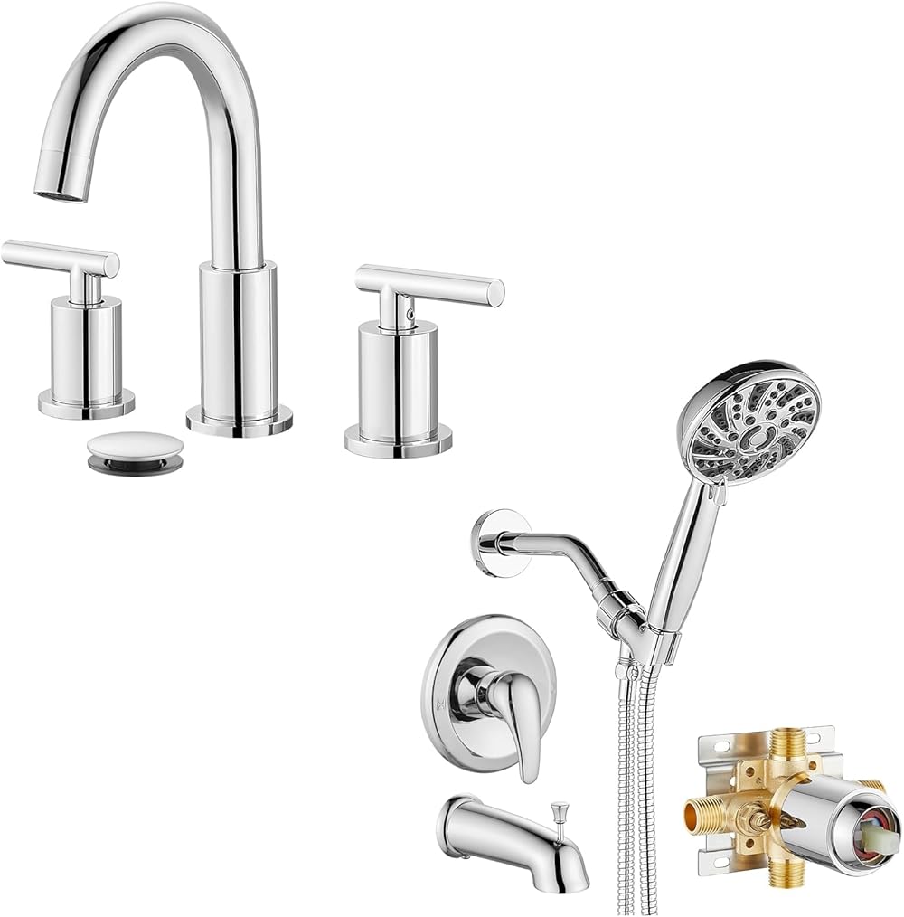 gotonovo Bathroon Shower Head Kit High Pressure Combo System Shower Faucet 5 Modes ABS Handheld Spray Shower Trim Kit Valve Included with 3 Hole 2 Handles Lavatory Basin Bathroom Sink Faucet