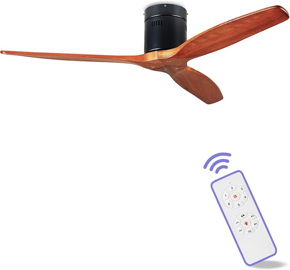 Ceiling Fan, 52'' 3-Blade, Wood, Flush Mount, Remote Control, 6 Speeds, Energy Saving, Ultra-Quiet, for Outdoor, Farmhouse, Bedroom, Living Room, Patio