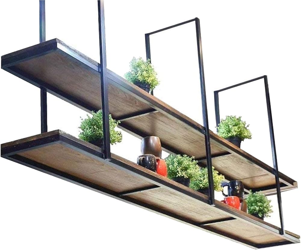 Hanging Pot and Pan Rack - Kitchen Shelves Ceiling Mounted Shelf - Durable Cast Iron and Solid Wood 2-Tier Flower Stand - for Storage, Home Decoration and Organizer - Easy Setup (Size : 90x3