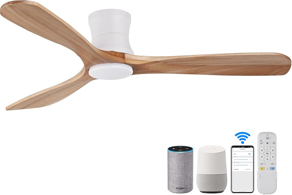 Livory Smart 52” Wood Flush Mount Ceiling Fans with Lights and Remote,Quiet DC Motor,Outdoor Indoor Ultra Low Profile Ceiling Fan works with Alexa WIFI APP,Modern White Ceiling Fan for Bedroom Patio