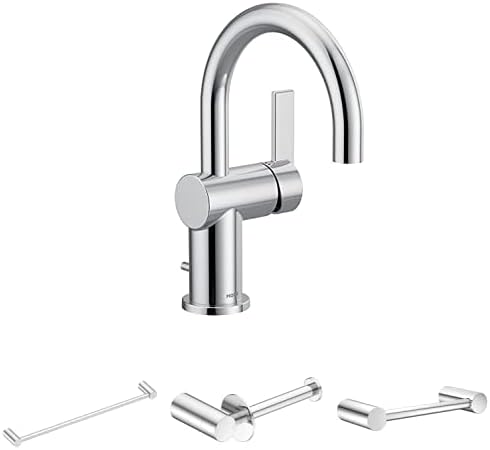 Moen 6221 CIA Collection Single Handle Bathroom Sink Faucet, Chrome + 18 in. Modern Single Towel Bar + Toilet Paper Holder + Hand Towel Bar