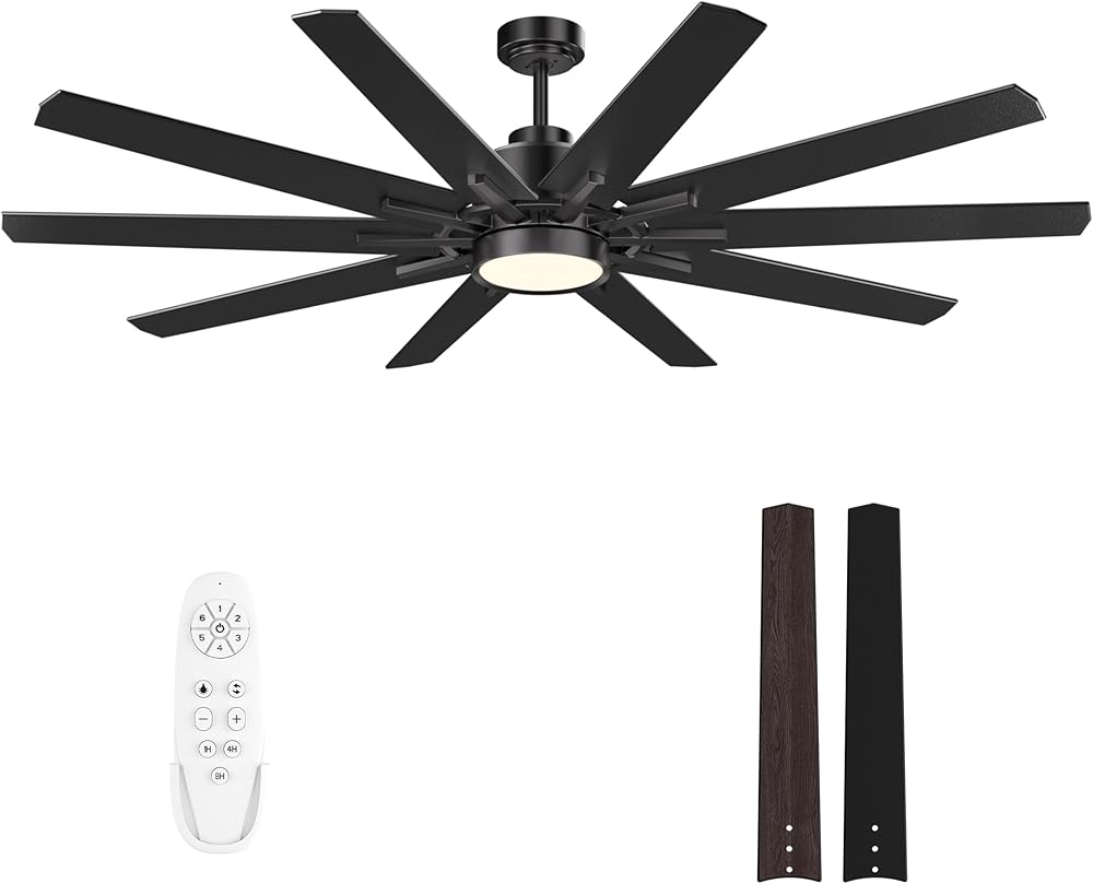 62 Inch Large Ceiling Fans with Lights and Remote - Indoor/Outdoor Ceiling Fan with Light, 10 Blades, Reversible Quiet DC Motor, Dimmable LED Walnut/Black Ceiling Fan for Living Room Patios
