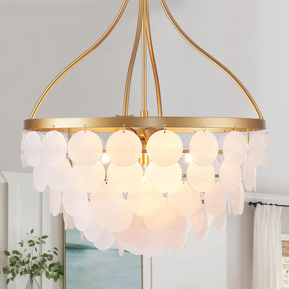 Modern Gold Chandelier 6 Light Glass Chandelier for Dining Room 20'' Mid Century Pendant Chandelier Adjustable Glass Shell Flush Mount Ceiling Chandelier for Bedroom Living Room