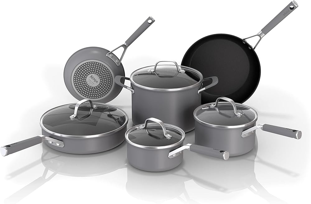 Ninja NeverStick Comfort Grip 10-Piece Cookware Set, Fry Pan, Saucepan, Stock Pot with Lid, Nonstick, Durable, Scratch Resistant, Dishwasher Safe, Oven Safe to 400°F, Easy Clean, Grey, CW69010