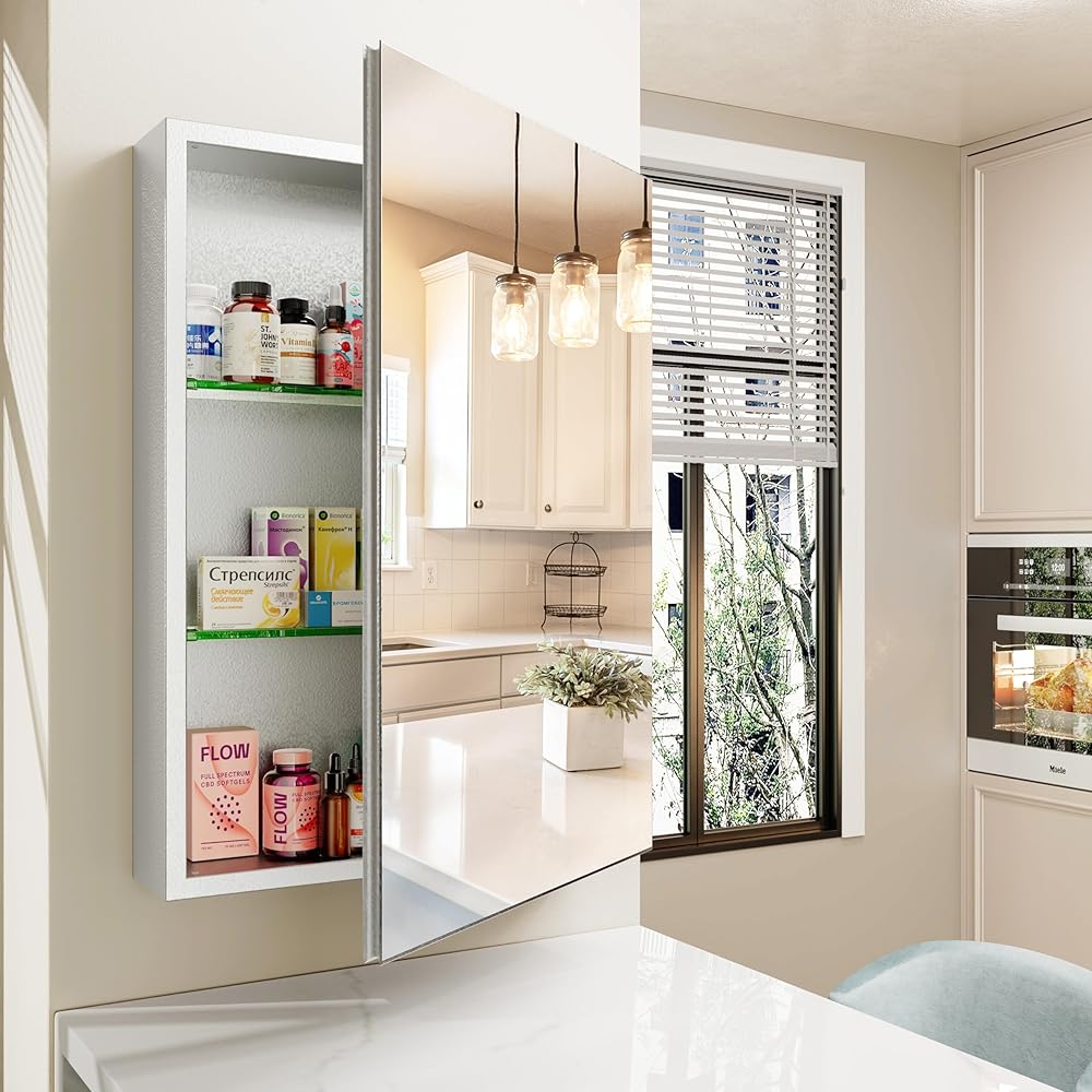 Wisfor Medicine Cabinet with Mirror: 20x28 Inch Wall Surface Aluminum Bathroom Cabinet with Left or Right Door - Mirrored Storage Cabinet with 2 Adjustable Glass Shelves