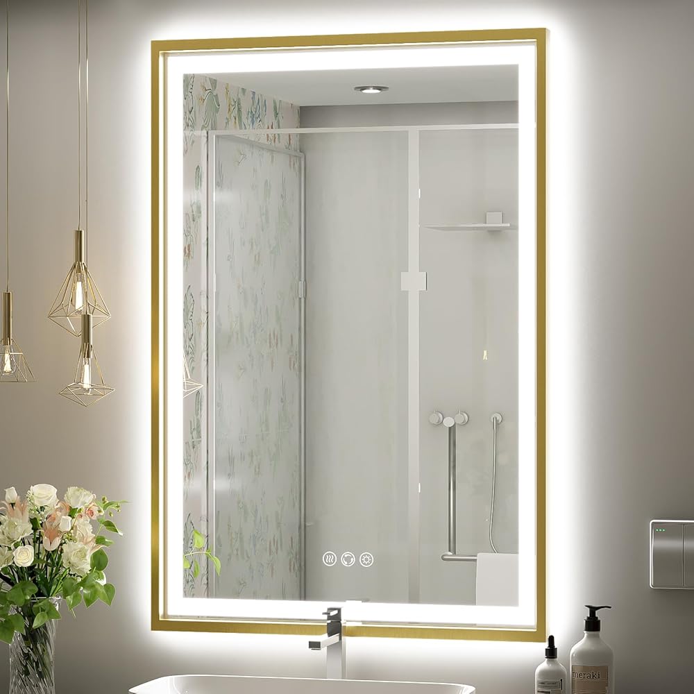 24X36 Inch Led Bathroom Mirror,Frontlit & Backlit Lighted Mirror,Gold Metal Frame Vanity Mirror for Wall,Double Lights Strips,Anti Fog Stepless 3 Colors Temperature & Dimmable