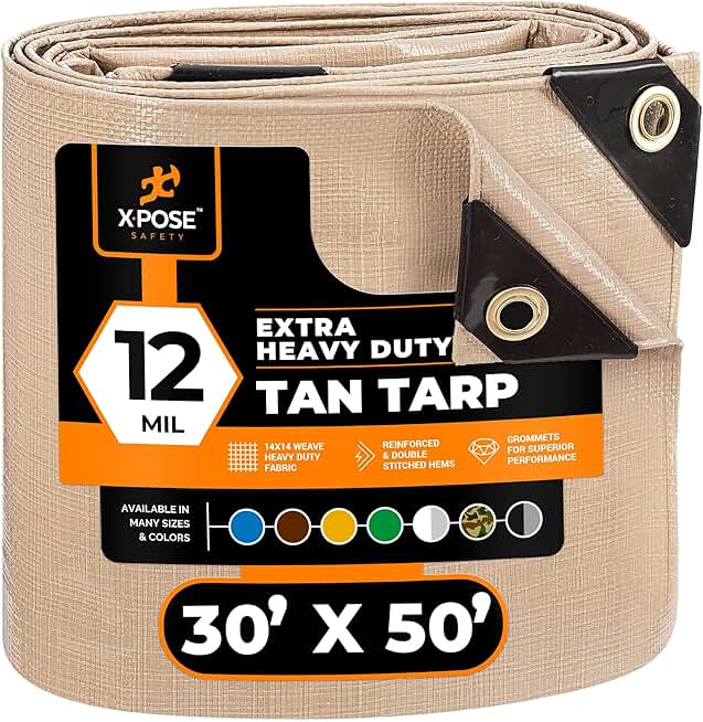 Heavy Duty Tan Poly Tarp 30' X 50' - Multipurpose Protective Cover - Durable, Waterproof, Weather Proof, Rip and Tear Resistant - Extra Thick 12 Mil Polyethylene - by Xpose Safety