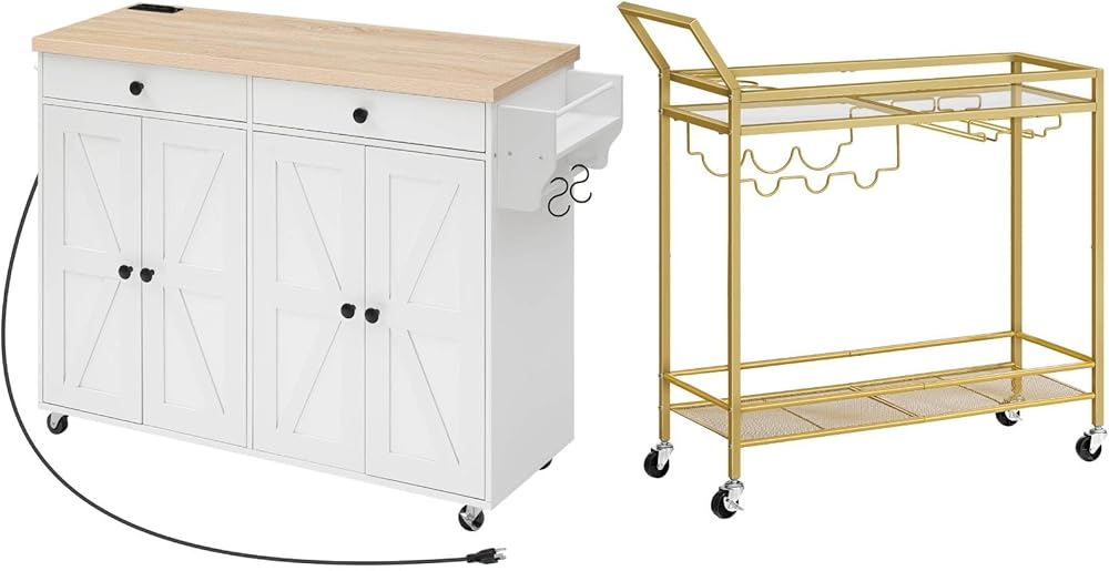 HOOBRO 43.3 Inch Kitchen Island with Charging Station and Bar Cart for The Home, Rolling Kitchen Island with Storage, Serving Cart with Wheels for Dining Room, Living Room WN11UZD01-GD11TC01
