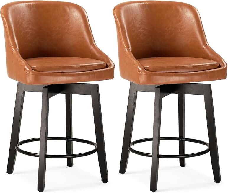 CUYOCA Counter Height Bar Stools Set of 2, Swivel Barstools with Backs for Kitchen Island, Upholstered Faux Leather barstools, 26