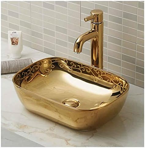 Ceramic Basin Bathroom Porcelain Vessel Sink Above Counter Countertop Bowl Sink for Lavatory Vanity Cabinet Contemporary Style 18 x 13 x 5.5 Inch (Gold)