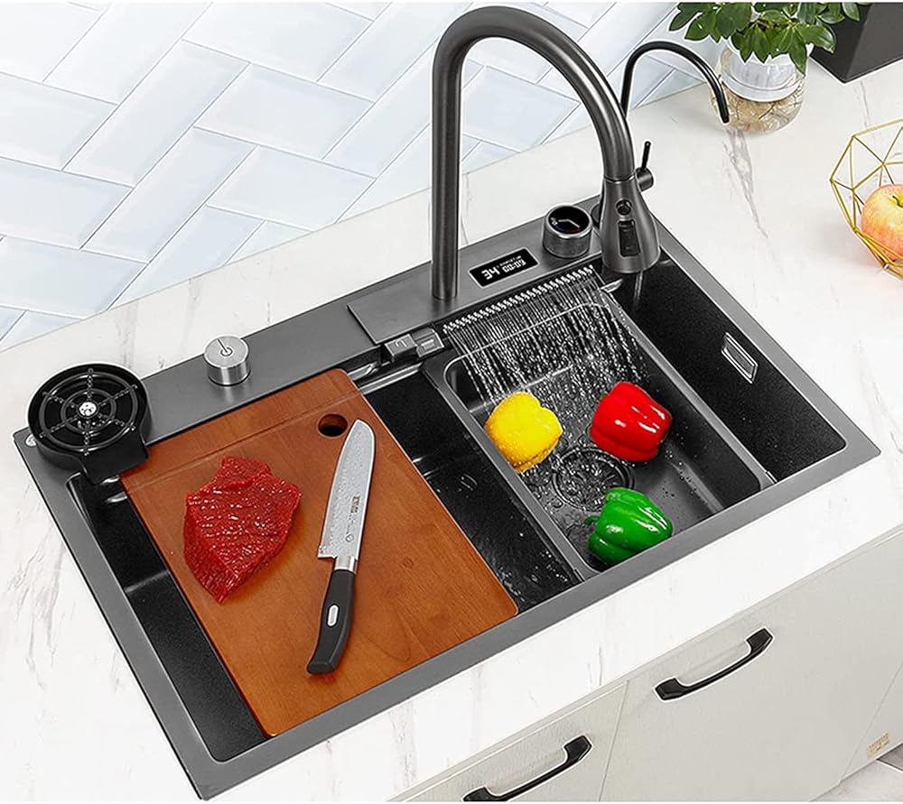 Kitchen Sink, 304 Stainless Steel Nano Raindance Waterfall Sink, with Pull-Out Faucet Single Bowl Big Sinks, with Drain Strainer and Accessories,75×46