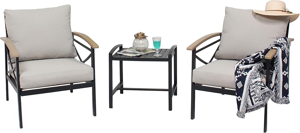 3 Pcs Outdoor Patio Furniture Set,Patio Conversation Sofa Set with Side Table,All Weather Patio Bistro Set,Outdoor Porch Chairs with Cushion for Garden,Backyard,Lawn,Poolside(Grey)