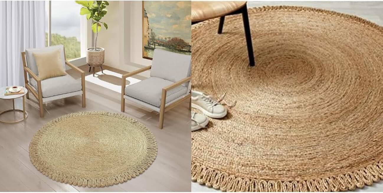 GRUHUM Jute Area Rug 4 feet Natural Fiber Round Handwoven 8ft Boho Soft Braided Rustic Vintage Beige Reversible Eco Friendly Rugs Farmhouse Indoor Outdoor Kitchen Bedroom Living Room Hallways