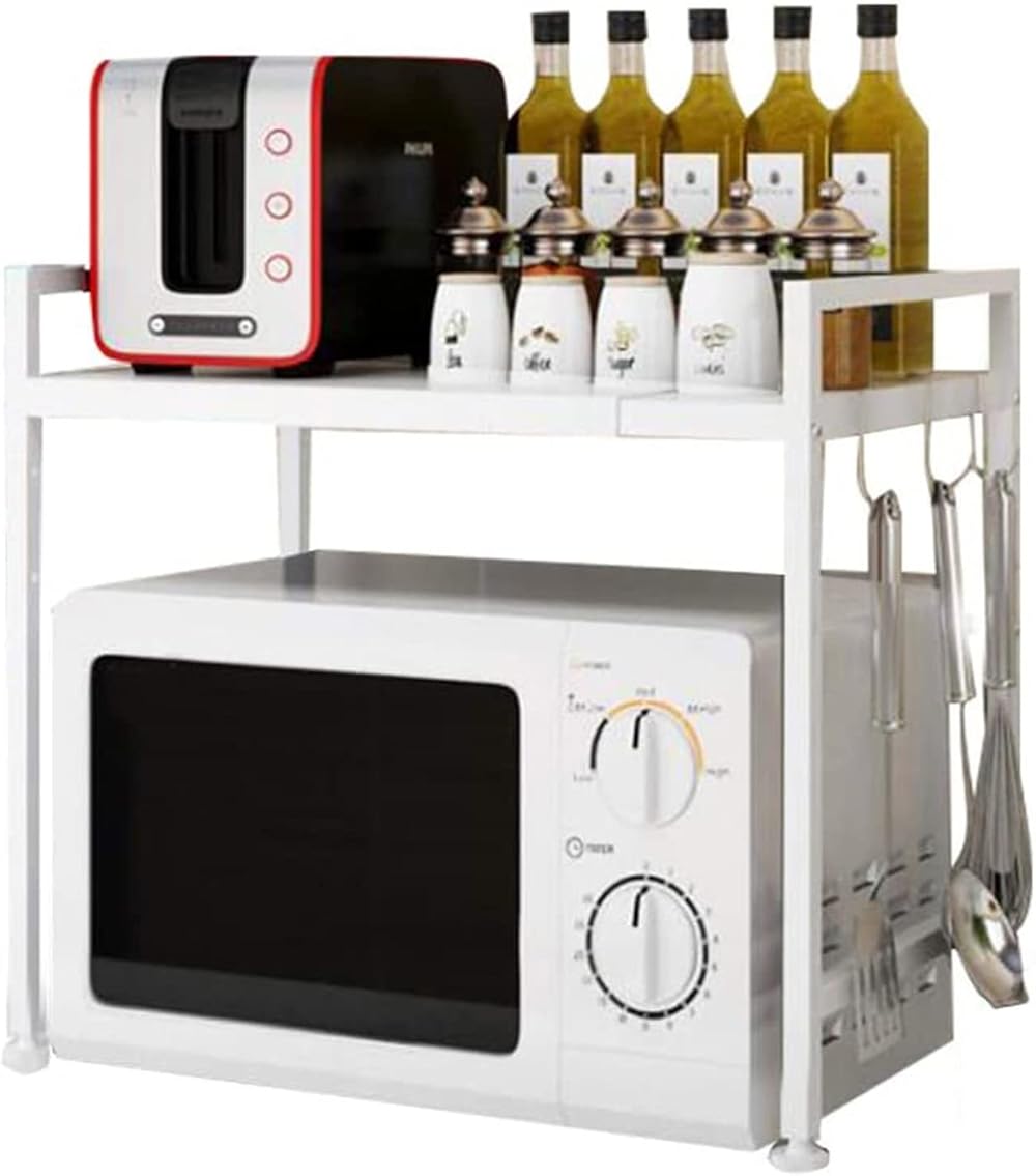 Retractable Microwave Oven Rack,2-Tier Microwave Oven Rack with 3 Hooks,Expandable Kitchen Counter Top Organizer Shelf Mount Stand,Adjustable Kitchen Office Work Station Racks (B)