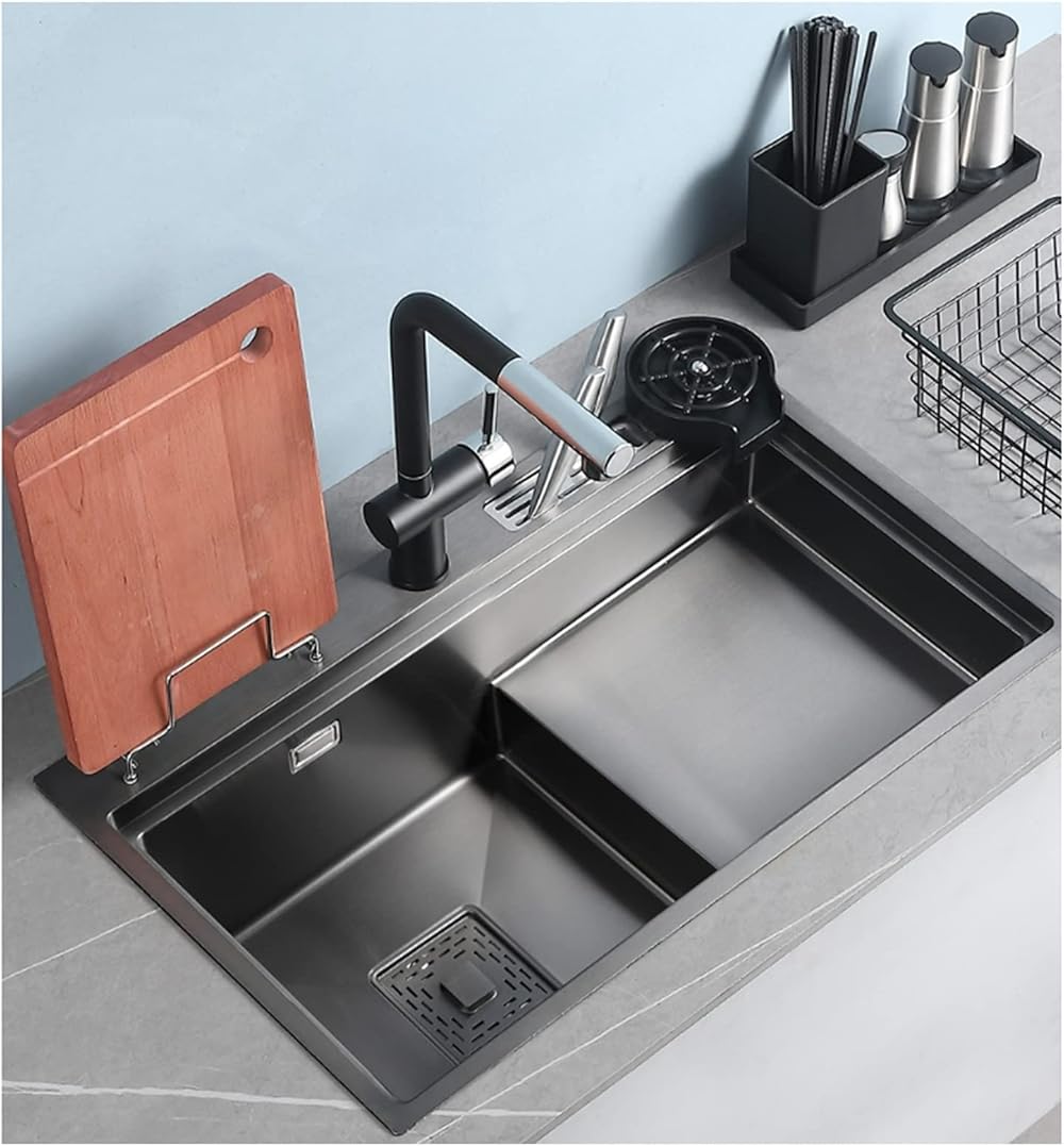 304 Stainless Steel Kitchen Sink Black Nano Step Bar Sink Multifunctional RV Sink with Faucet and Cup Washe Top Mount Or Undermount (Color : Black, Size : 72x45x21cm)