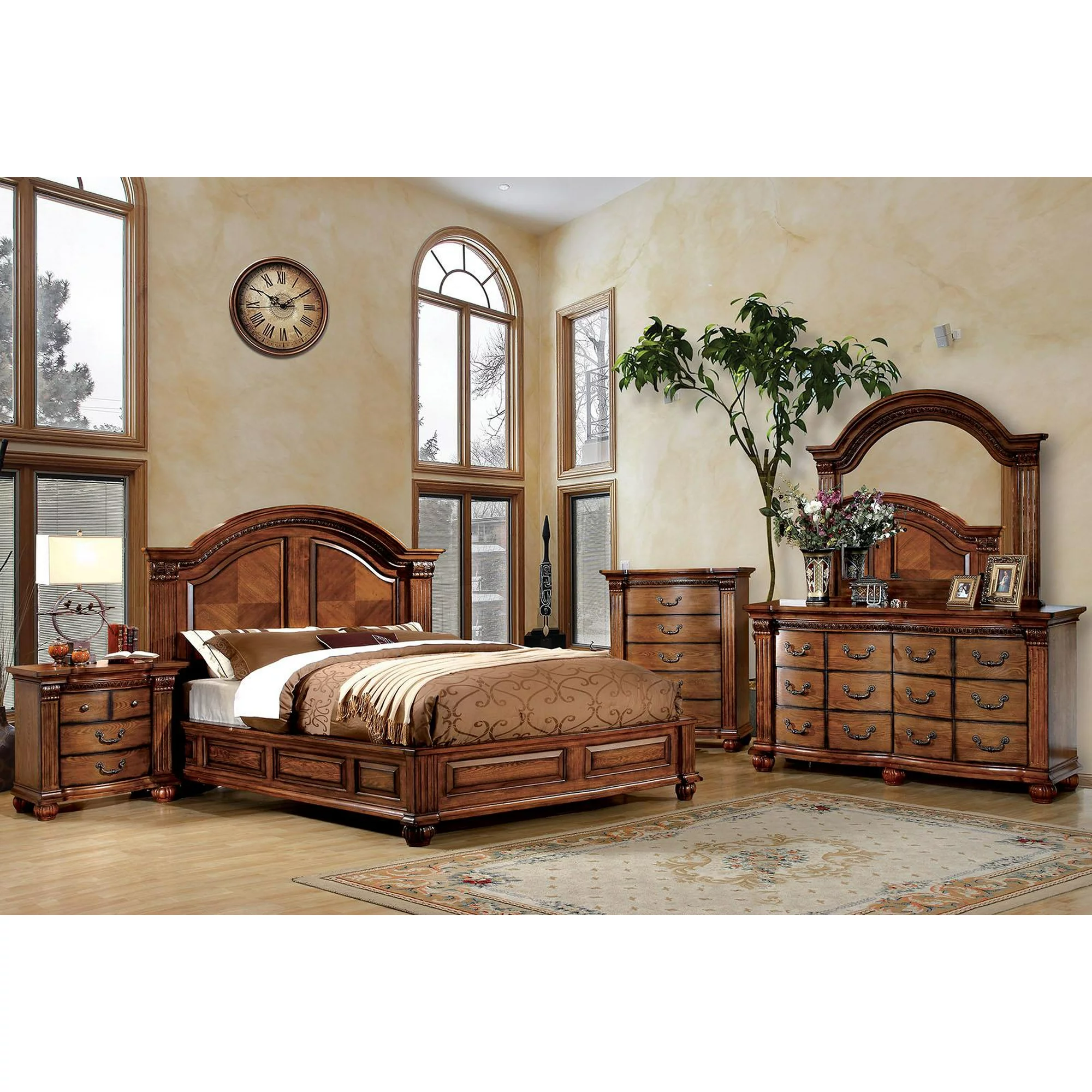 Antique Tobacco Oak Solid Wood Queen Bedroom Set 5pcs FOA CM7738-Q Bellagrand
