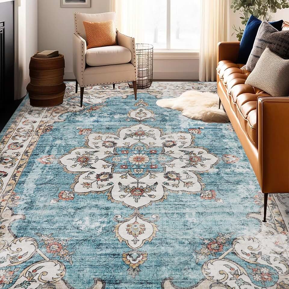 Machine Washable Rug 9x12 Area Rugs for Living Room Large Boho Bedroom Vintage Design Rug, Soft Non-Slip Indoor Rug, Denim Blue/Taupe-Print Design