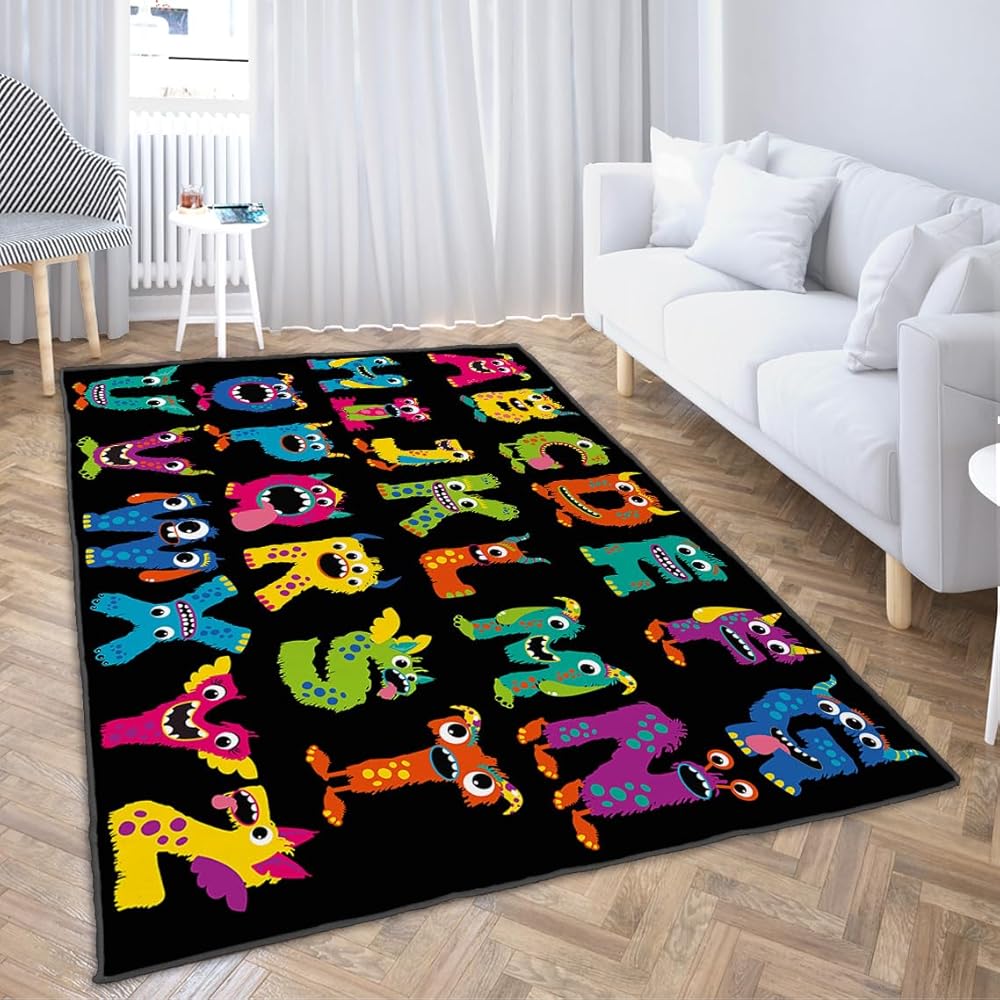 Non-Slip Area Rugs Cartoon Fluffy Monsters Alphabet on Black Home Decor Rugs Carpet for Classroom Living Room Bedroom Dining Kindergarten Room 8'x10'