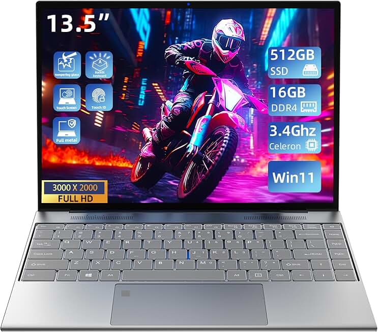 Win11 Touch Screen Laptop,13.5Inch N95 3.4GHz 16GB RAM 256GB SSD Notebook PC,3K 3000 * 2000 LCD,Backlit Keyboard,Finger Print Touch ID,Full Metal case, Gray, LeadBook T6