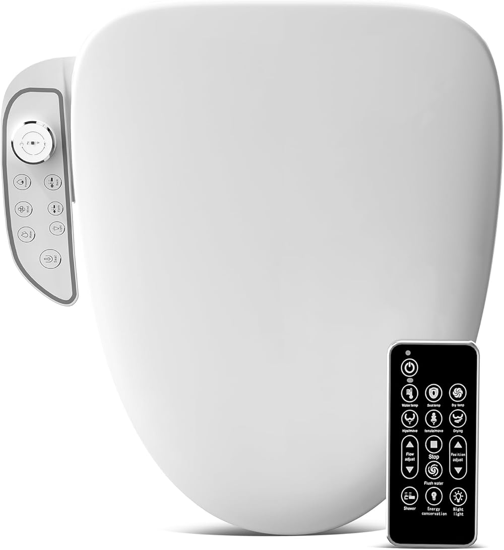 Bidet Toilet Seat with Wireless Remote and Side Panel - Bidet Warm Water with Dryer - Heated Toilet Seat - Luxury Bidet with Soft-Closing - LED Nightlight - Elongated
