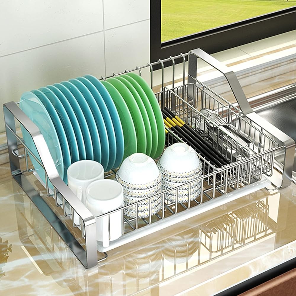Dish Drainer Rack Over Sink,Stainless Steel Dish Drainer,Dish Organzing Rack Rustproof Stainless Steel,Kitchen Countertop Supplies Storage for Plates Bowls Pots,Silver (Color:Silver)