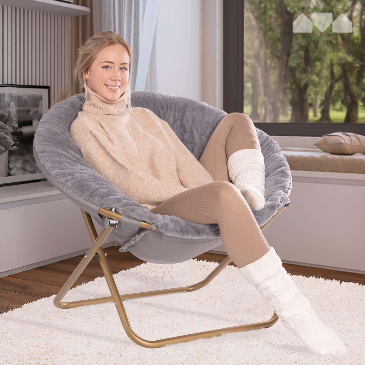 Milliard Cozy Chair/Faux Fur Saucer Chair for Bedroom/X-Large,25D x 38W x 34H in (Grey)