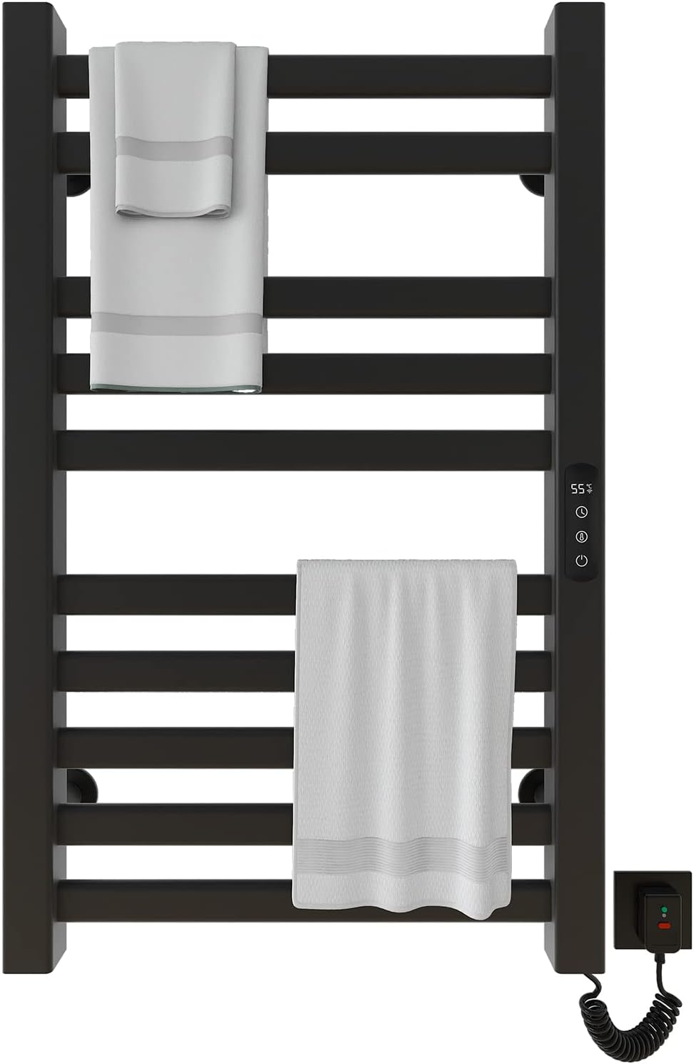 Heated Towel Rack, WiFi Towel Warmer Rack, Heated Towel Racks for Bathroom, 280W, 19.7 x 31.5 in, 1-9H Timing, 86-158°F, Wall Mounted, with LED Touch Screen Timer, US Plug-WiFi Black Right