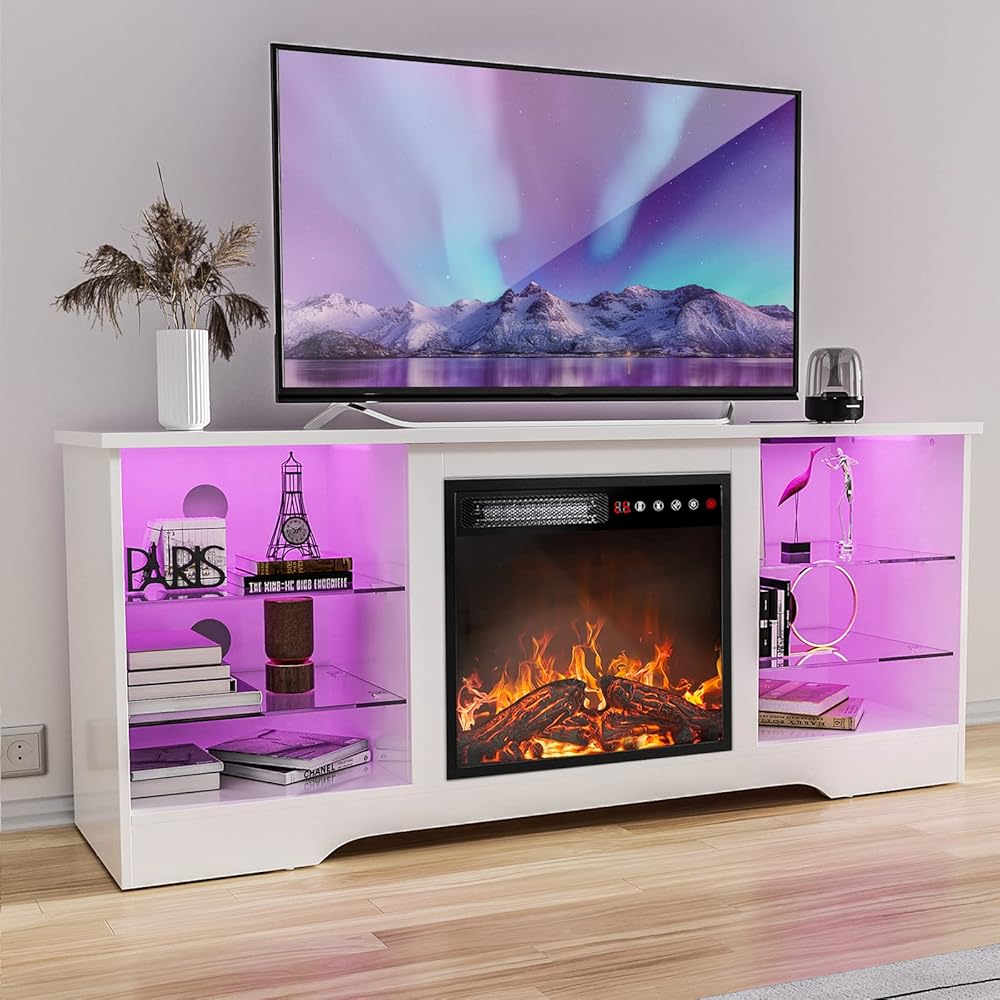 Fireplace TV Stand with 18''Fireplace, Modern Entertainment Center for TVs up to 65 inch, Media TV Console with Adjustable Glass Shelves and Storage Cabinets,Farmhouse TV Stand (White)