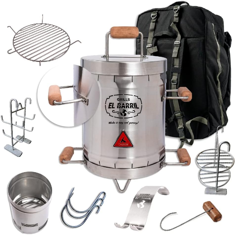 EL BARRIL Grill & Smoker Barrel SMALL Basic Combo| 100% Stainless Steel Barrel with 4 accessories| You can Grill, Smoke, Roast and Bake| Smokeless, Even Heat Distribution & Perfect for Your Meats