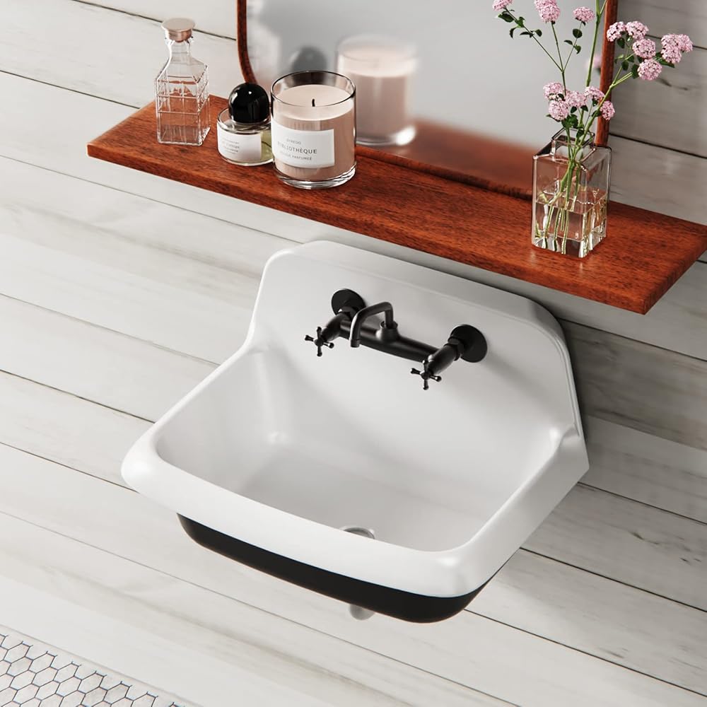 ELLAI 24 Inch Wall Mounted High Back Kitchen Sink White and Black Porcelain Utility Sink Farm Sink Ceramic Farmhouse Laundry Sink Wall Mount Bathroom Sink, 8 in centers, 24” x 17” x 15”