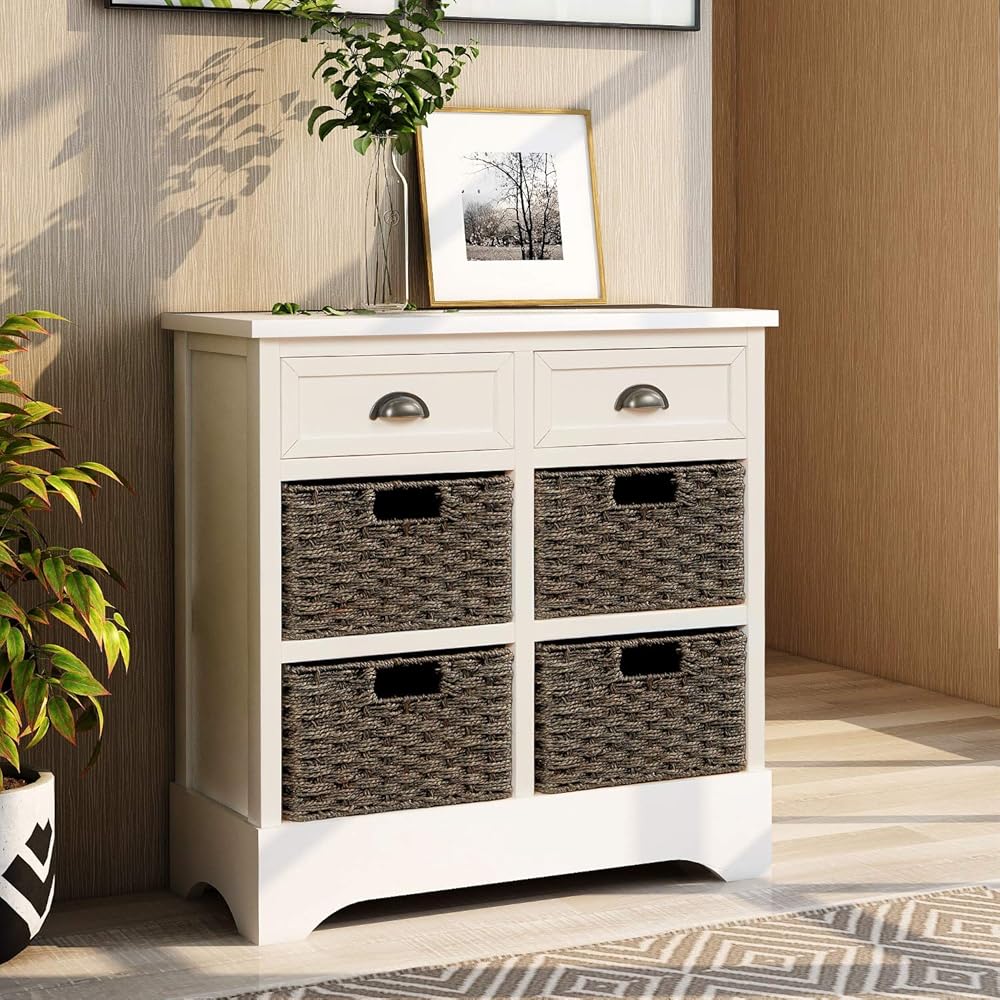 Storage Cabinet, Utility Storage Cabinet,with 2 Drawers and 4 Rattan Baskets,Acacia Wood Frame with MDF Panels, for Home Kitchen Entryway Living Room(White)