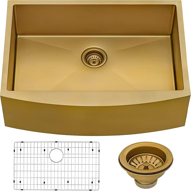 Ruvati Brass Tone 30-inch Apron-Front Matte Gold Stainless Steel Farmhouse Kitchen Sink - Single Bowl - RVH9660GG