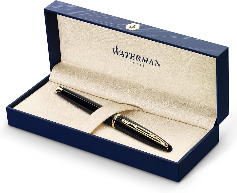 Waterman Carène Black Sea Fountain Pen, High-Gloss Black & 23k Gold Clip, Medium Nib with Blue Ink Cartridge, Gift Box