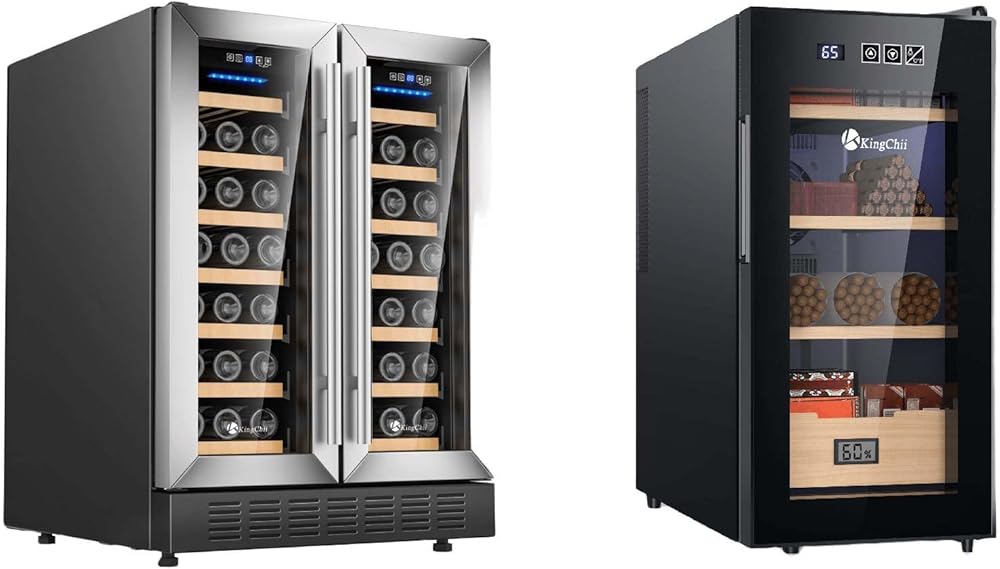KingChii 24 Inch 34 Bottle Dual Zone Wine Cooler Refrigerator + 26L Electric Cigar Humidors, Temperature Control Cabinet with Spanish Cedar Wood Shelves (200 Counts Capacity)