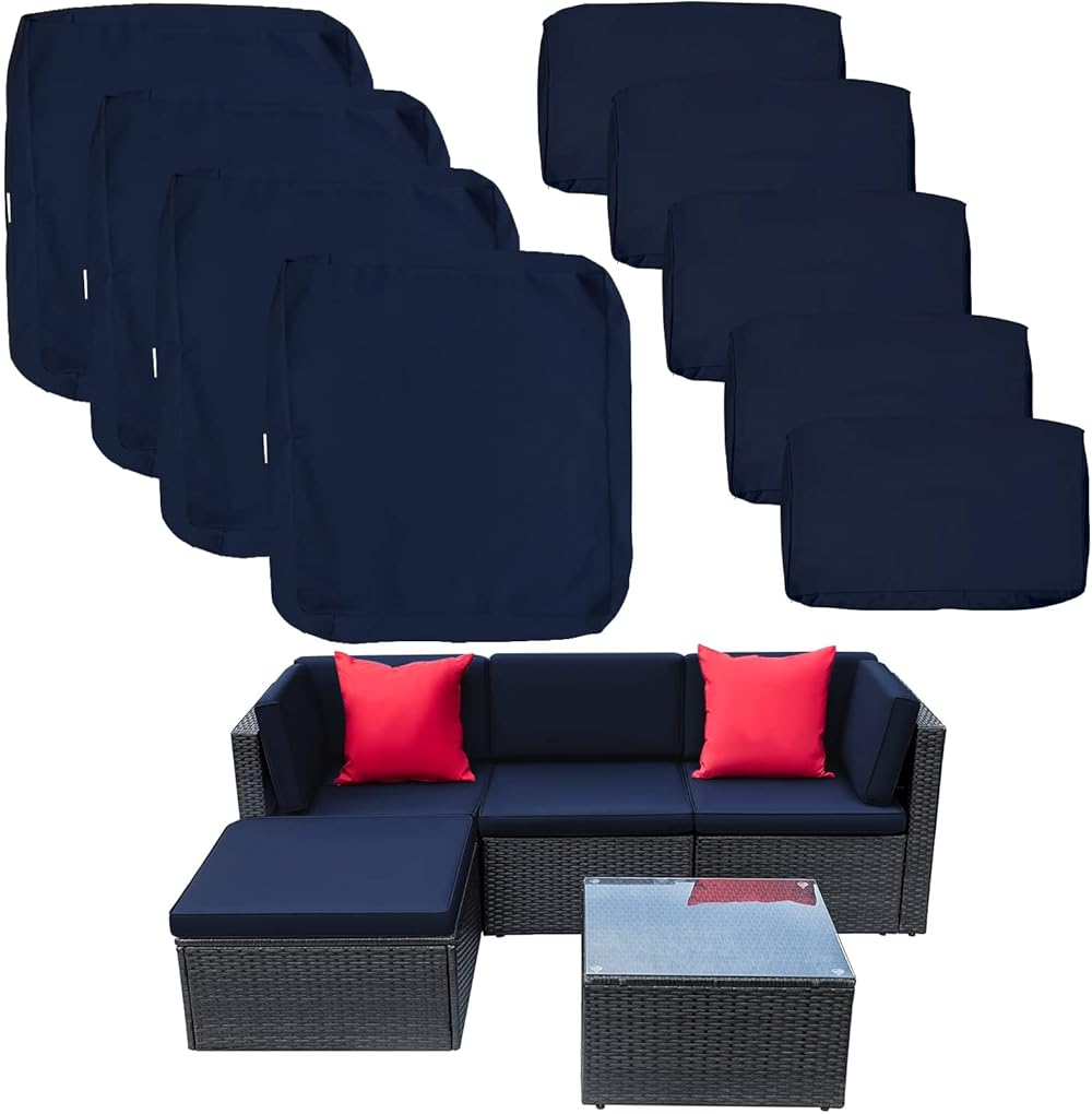 ClawsCover 9Pack Outdoor Seat and Back Cushions Replacement Covers Fit for 5 Pieces 4-Seater Wicker Rattan Patio Conversation Set Sectional Couch Furniture,Navy-Include Covers Only (Large)