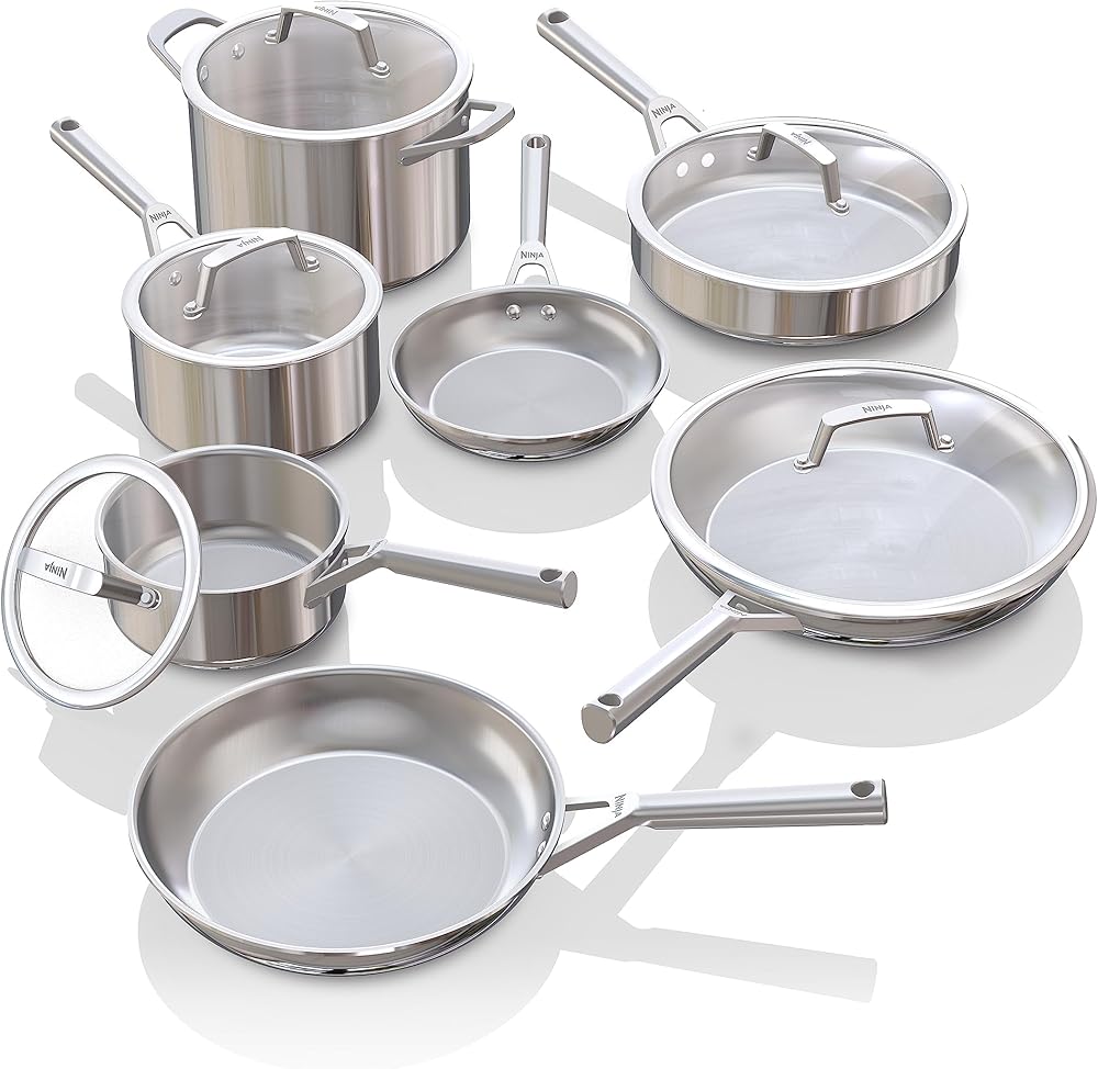 Ninja EverClad Stainless Steel Cookware 12 Piece Pots & Pans Set, All Stovetops & Induction, Oven Safe to 600°F, PFAS Free, Tri-Ply Commercial-Grade, C99012