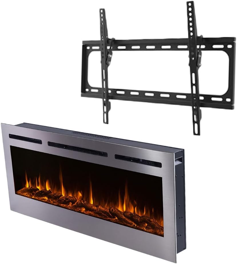 Touchstone Fireplace and TV Mount Bundle - Sideline Deluxe™ 50 Inch Wide Stainless Steel Electric Fireplace and Low Profile TV Wall Mount Bracket