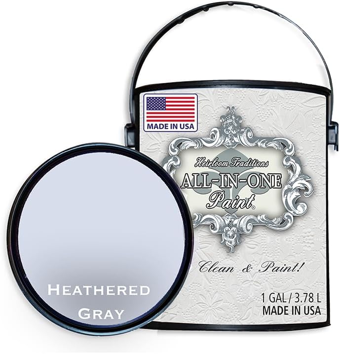 ALL-IN-ONE Paint, Heathered Gray (Light Cool Gray), 128 Fl Oz Gallon. Durable cabinet and furniture paint. Built in primer and top coat, no sanding needed.