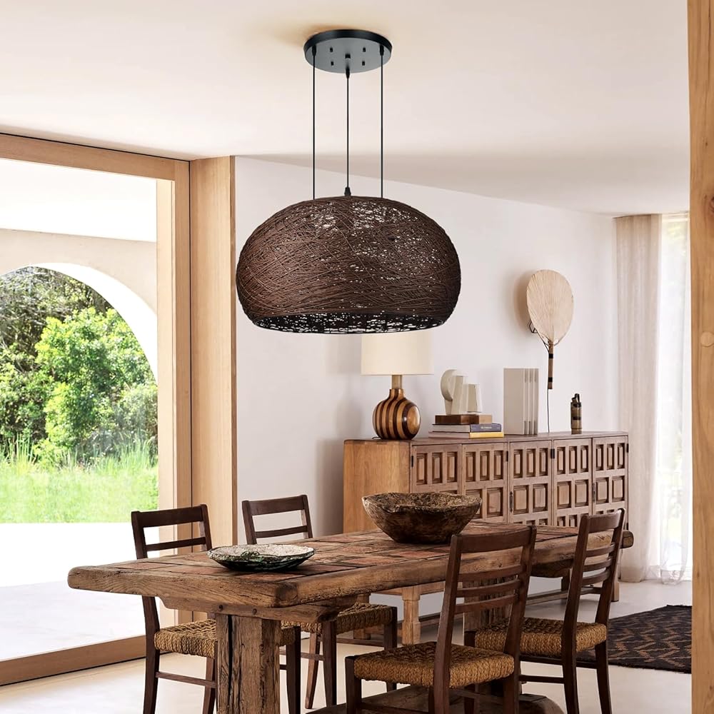 Arturesthome 3-Light Coastal Round Pendant Lights,Farmhouse Handwoven Wicker Chandelier Rattan Ceiling Hanging Lampshade for Bedroom Hallway Coffee
